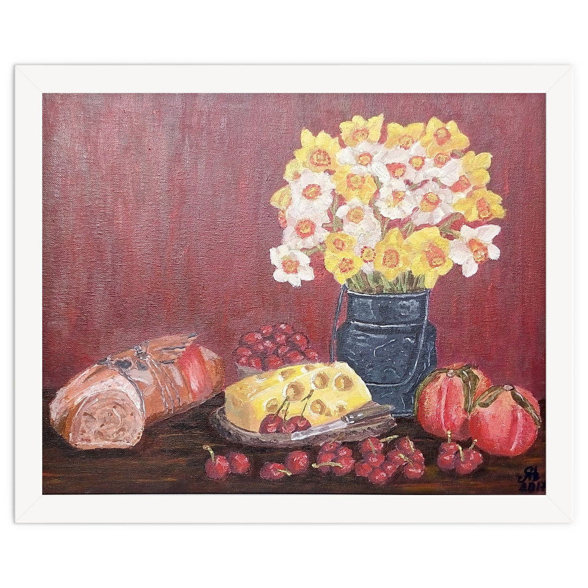 Still life with cheese, daffodils on a red background.