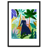 African Safari, Colorful Tropical Jungle Travel, Botanical Watercolor, Blonde Woman with a Leopard